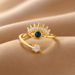 Yougorgeous 18K gold plated evil eye sunburst adjustable bypass ring on white background