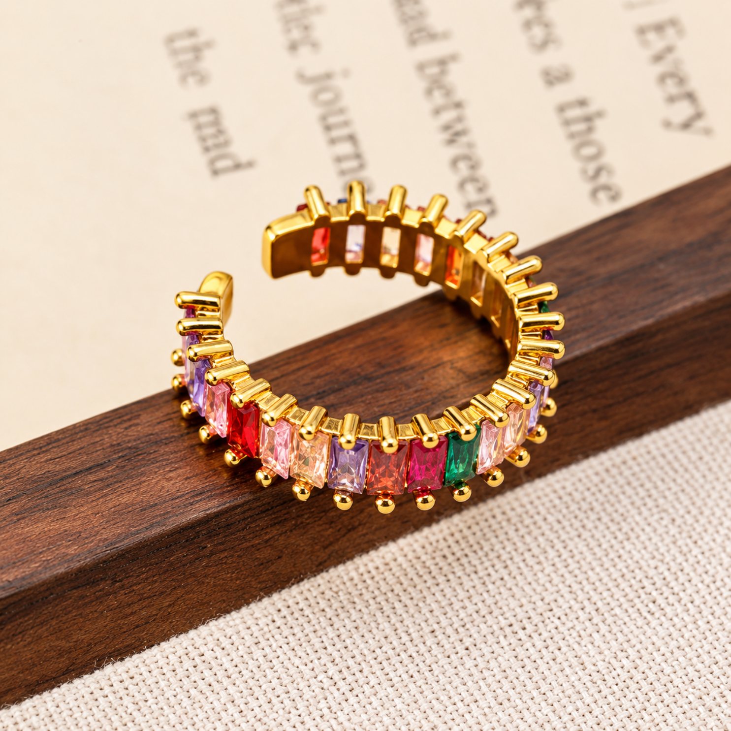 Smooth solid gold open cuff terminal ends on adjustable 316L stainless steel rainbow ring Smooth solid gold open cuff terminal ends on adjustable 316L stainless steel rainbow ring