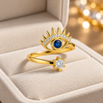 Yougorgeous 18K gold plated evil eye sunburst adjustable bypass ring on white background