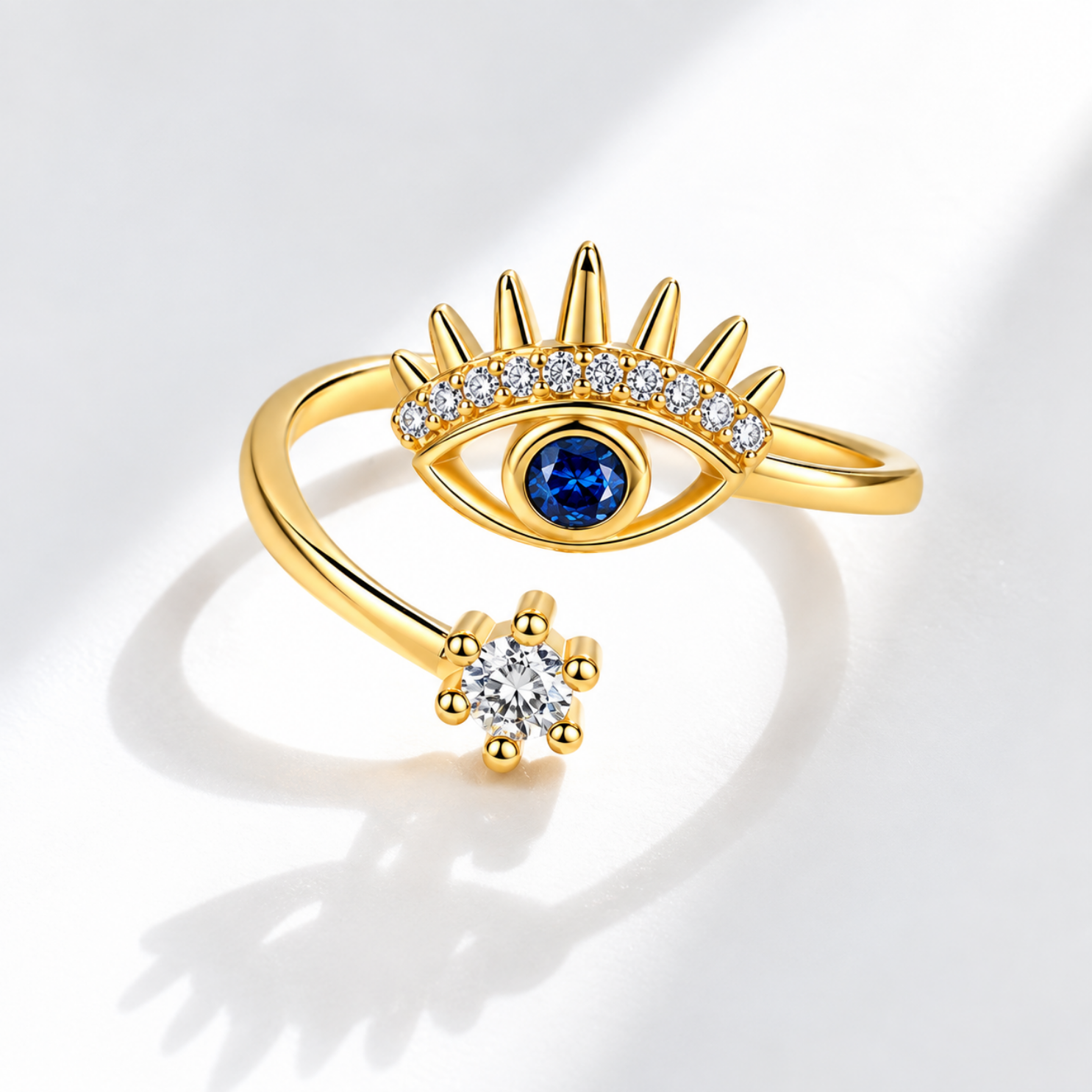 Model wearing Yougorgeous adjustable gold sunburst evil eye ring styled on middle finger Model wearing Yougorgeous adjustable gold sunburst evil eye ring styled on middle finger
