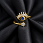 Yougorgeous 18K gold plated evil eye sunburst adjustable bypass ring on white background