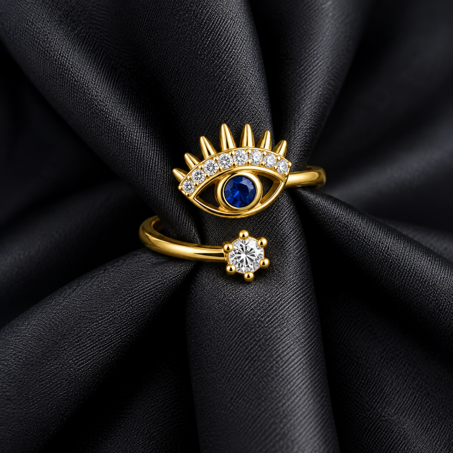 Water droplets beading across anti-tarnish 18K PVD gold evil eye ring during hand-washing Water droplets beading across anti-tarnish 18K PVD gold evil eye ring during hand-washing
