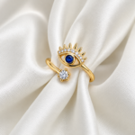Yougorgeous 18K gold plated evil eye sunburst adjustable bypass ring on white background
