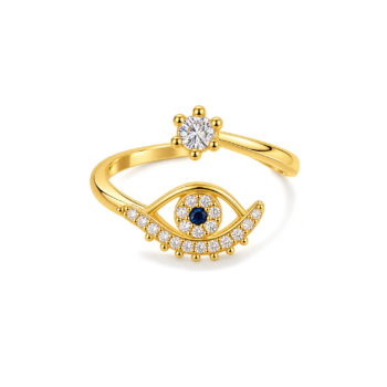 Yougorgeous 18K gold plated evil eye beaded lash adjustable bypass ring on white background