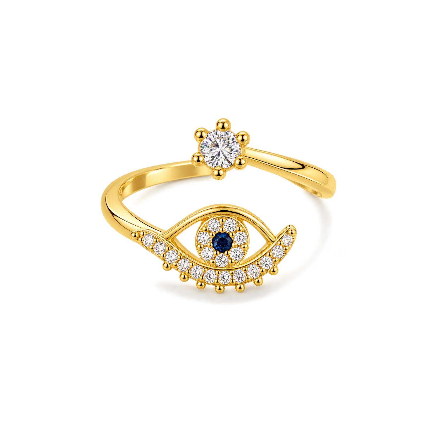 Yougorgeous 18K gold plated evil eye beaded lash adjustable bypass ring on white background Yougorgeous 18K gold plated evil eye beaded lash adjustable bypass ring on white background