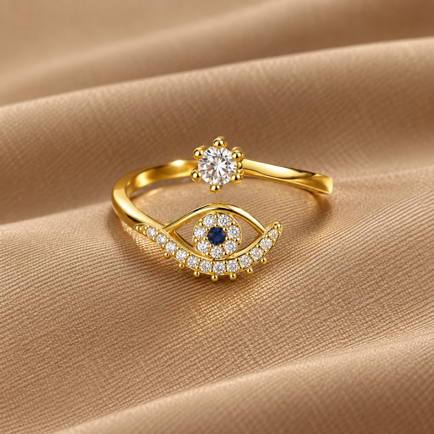 Yougorgeous 18K gold plated evil eye beaded lash adjustable bypass ring on white background Yougorgeous 18K gold plated evil eye beaded lash adjustable bypass ring on white background