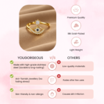 Yougorgeous 18K gold plated evil eye beaded lash adjustable bypass ring on white background