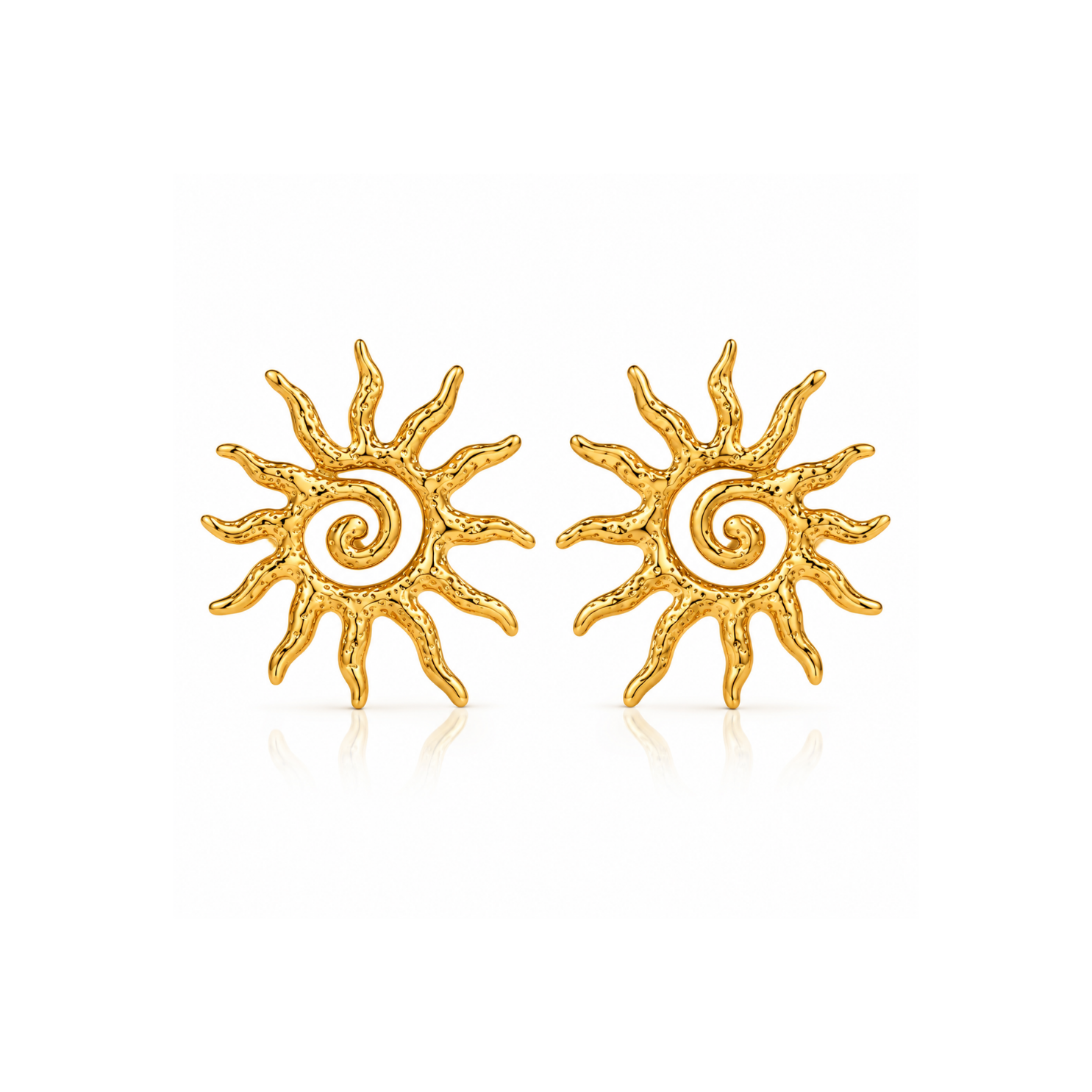 Yougorgeous 18K gold plated textured sunburst spiral stud earrings on white background Yougorgeous 18K gold plated textured sunburst spiral stud earrings on white background