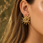 Yougorgeous 18K gold plated textured sunburst spiral stud earrings on white background