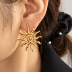 Yougorgeous 18K gold plated textured sunburst spiral stud earrings on white background
