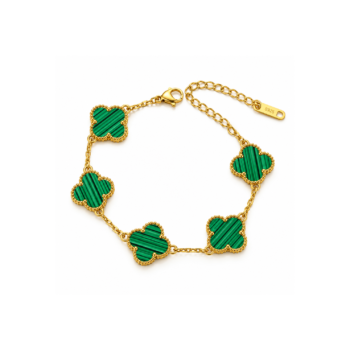Yougorgeous 18K gold green clover bracelet with 5 lucky motifs on white background