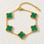 Yougorgeous 18K gold plated 5-motif green clover station bracelet on white background