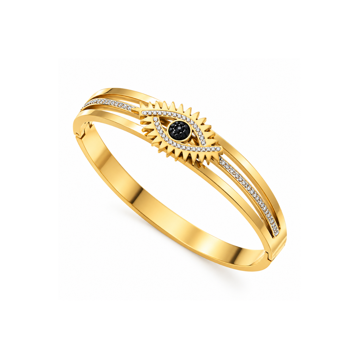 Yougorgeous 18K gold evil eye sunburst hinged bangle with black and clear crystals on white background Yougorgeous 18K gold evil eye sunburst hinged bangle with black and clear crystals on white background