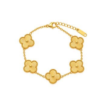 Yougorgeous 18K gold guilloche clover bracelet with 5 lucky motifs on white background