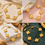 Yougorgeous 18K gold guilloche clover bracelet with 5 lucky motifs on white background