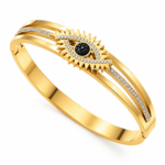 Yougorgeous 18K gold evil eye sunburst hinged bangle with black and clear crystals on white background
