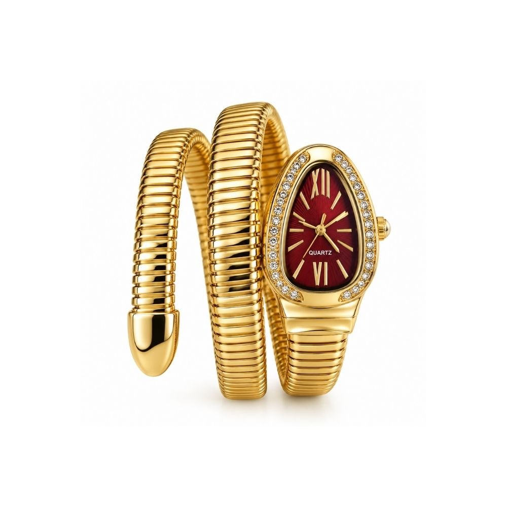 30 Yougorgeous 18K gold plated Serpenti ruby red dial crystal bezel coil wrap watch bracelet