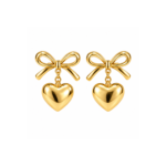 Yougorgeous 18K gold plated bow puffed heart drop earrings on white background