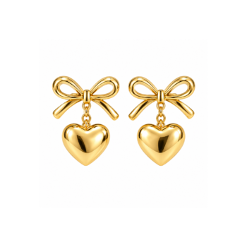 Yougorgeous 18K gold plated bow puffed heart drop earrings on white background
