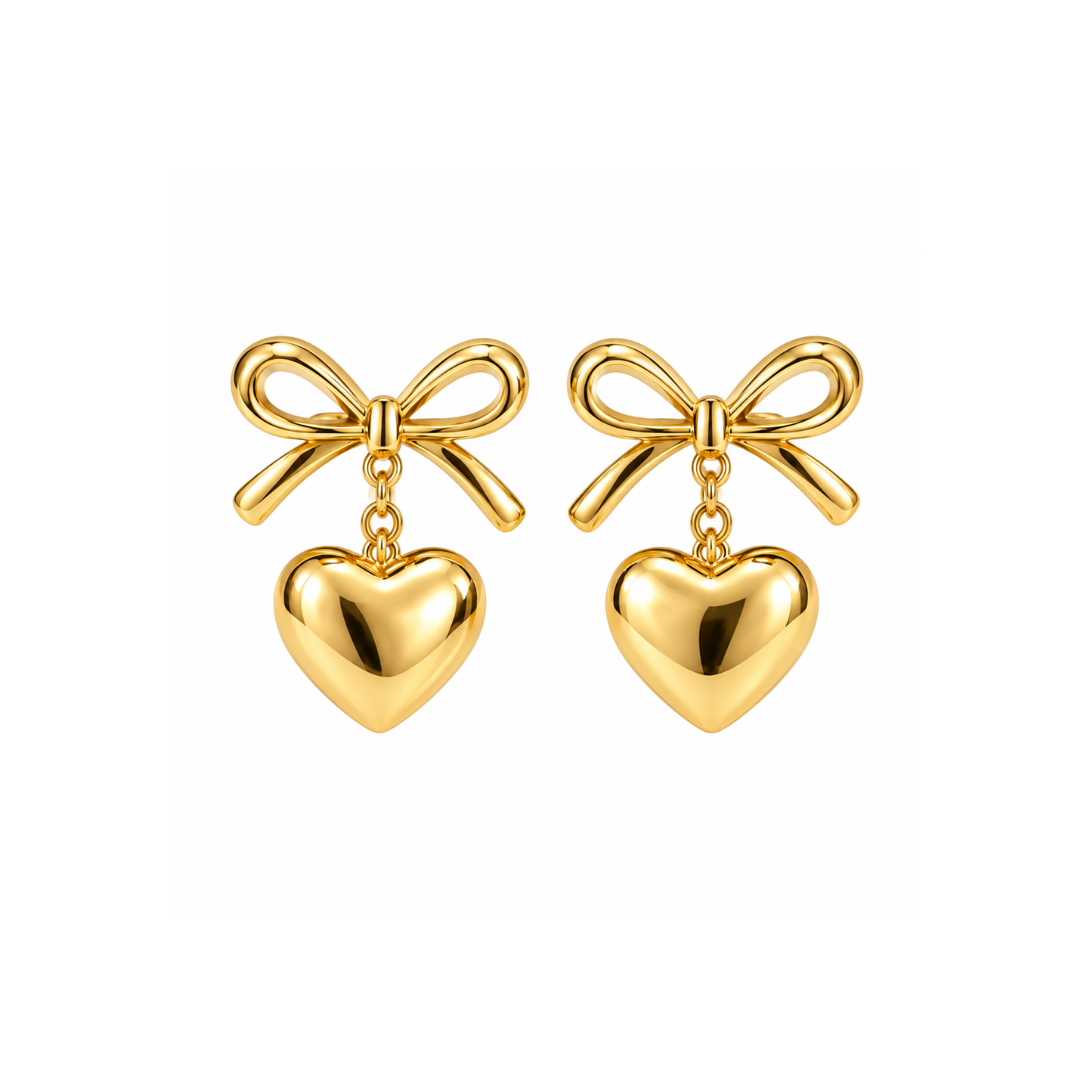 Yougorgeous 18K gold plated bow puffed heart drop earrings on white background Yougorgeous 18K gold plated bow puffed heart drop earrings on white background