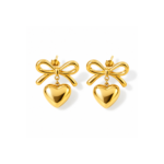 Yougorgeous 18K gold plated bow puffed heart drop earrings on white background