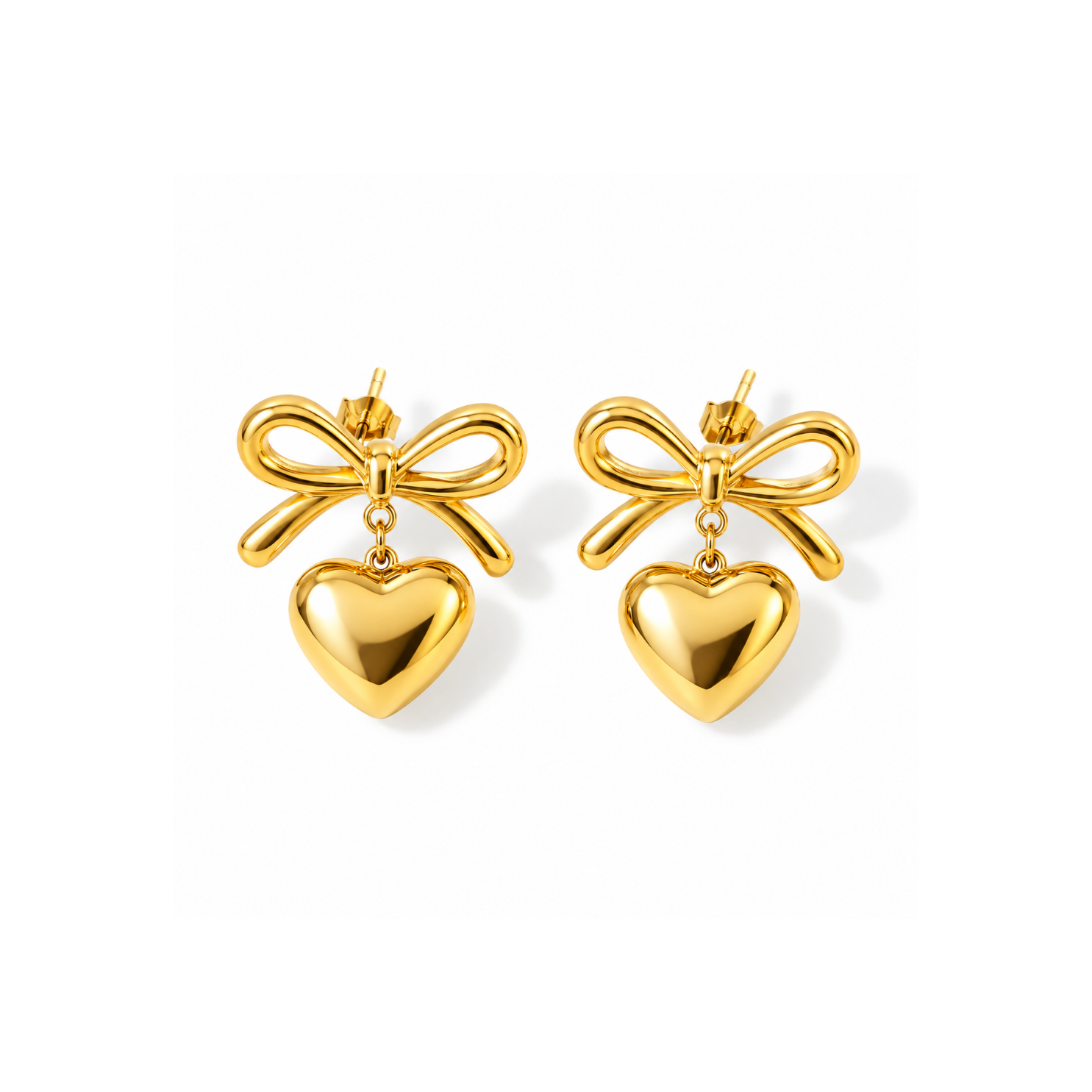 Water droplets splashing over anti-tarnish 18K PVD gold heart drop earrings Water droplets splashing over anti-tarnish 18K PVD gold heart drop earrings