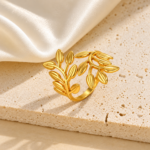 olive leaf adjustable ring, gold leaf ring, olive branch ring, laurel wreath ring, botanical leaf ring, bypass wrap ring, adjustable gold band, 18k pvd gold, 316l stainless steel, waterproof jewellery, anti-tarnish ring, hypoallergenic ring, demi fine jewellery, grecian jewellery, nature inspired jewellery, stacking ring, graduation gift, birthday gift for her, anniversary gift for wife, university student jewellery, working women accessories
