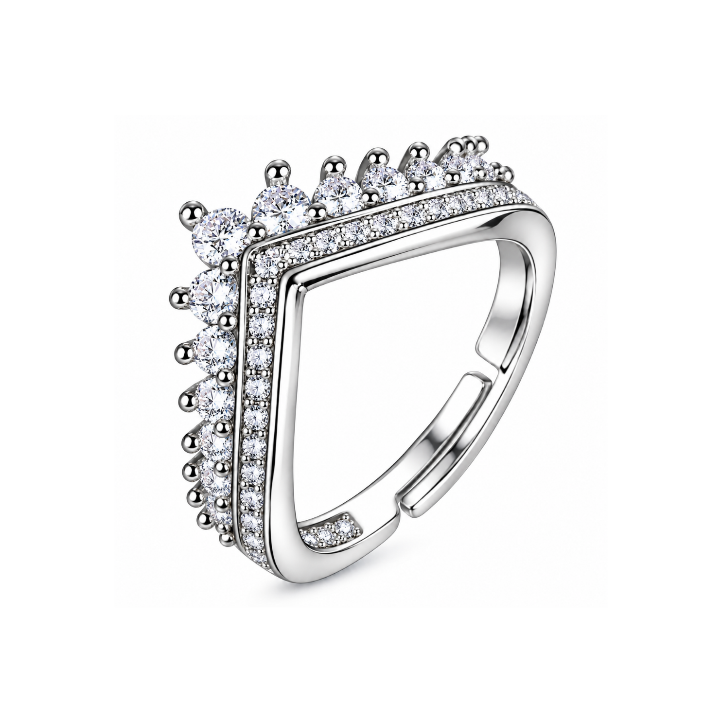 Yougorgeous silver tone crystal tiara ring with graduated prong set stones on white background Yougorgeous silver tone crystal tiara ring with graduated prong set stones on white background