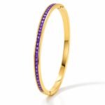Purple crystal tennis bangle, pink crystal bangle, channel set Purple Bracelet, gold tennis bracelet, oval hinged cuff, baguette crystal bracelet, 18k pvd gold, 316l stainless steel, waterproof jewellery, anti-tarnish bracelet, hypoallergenic bracelet, demi fine jewellery, barbiecore pink, stacking cuff, birthday gift for her, anniversary gift for wife, university student jewellery, working women accessories
