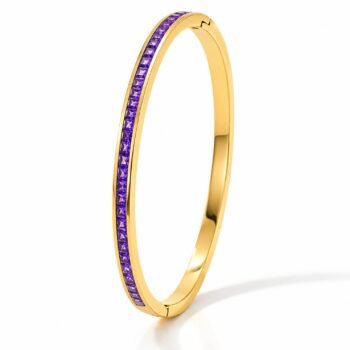Purple crystal tennis bangle, pink crystal bangle, channel set Purple Bracelet, gold tennis bracelet, oval hinged cuff, baguette crystal bracelet, 18k pvd gold, 316l stainless steel, waterproof jewellery, anti-tarnish bracelet, hypoallergenic bracelet, demi fine jewellery, barbiecore pink, stacking cuff, birthday gift for her, anniversary gift for wife, university student jewellery, working women accessories