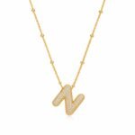 Yougorgeous 18K gold bubble letter N necklace with crystal pavé on white background