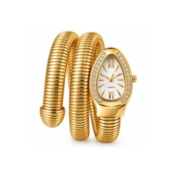 Yougorgeous 18K gold plated Serpenti opaline white dial crystal bezel coil wrap watch bracelet for women
