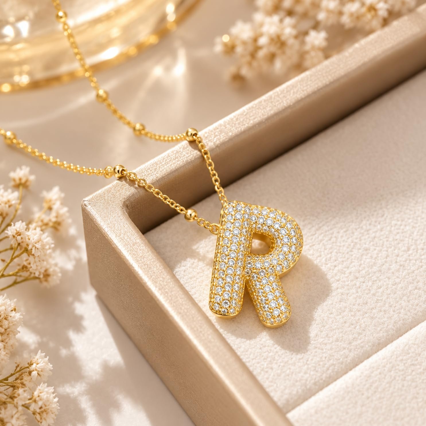 Concealed rear bail and textured beaded satellite chain on 316L stainless steel initial necklace Concealed rear bail and textured beaded satellite chain on 316L stainless steel initial necklace