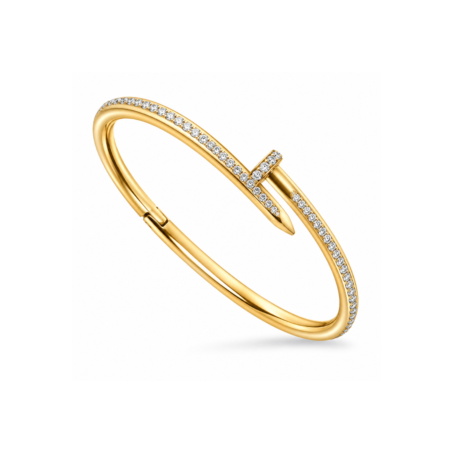 74Yougorgeous 18K gold crystal nail hinged bangle with clear pavé crystals on white background Yougorgeous 18K gold crystal nail hinged bangle with clear pavé crystals on white background