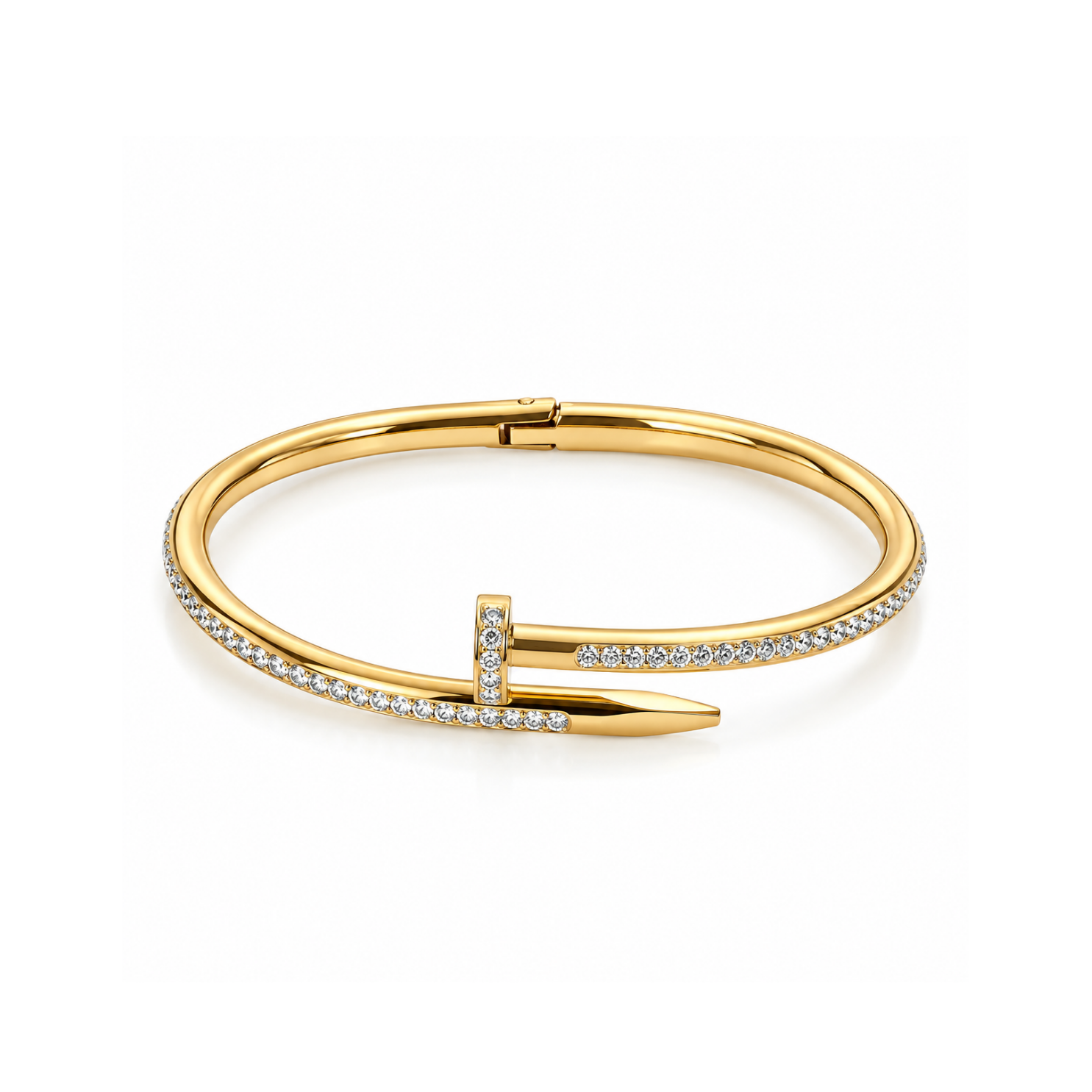 Integrated side hinge and secure snap clasp on 316L stainless steel crystal nail hinged bangle Integrated side hinge and secure snap clasp on 316L stainless steel crystal nail hinged bangle