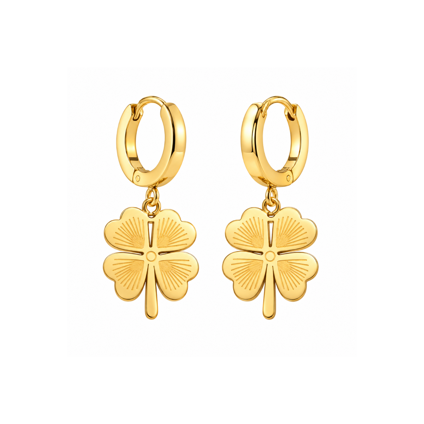 Yougorgeous 18K gold plated lucky clover huggie drop earrings on white background Yougorgeous 18K gold plated lucky clover huggie drop earrings on white background