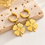 Yougorgeous 18K gold plated lucky clover huggie drop earrings on white background