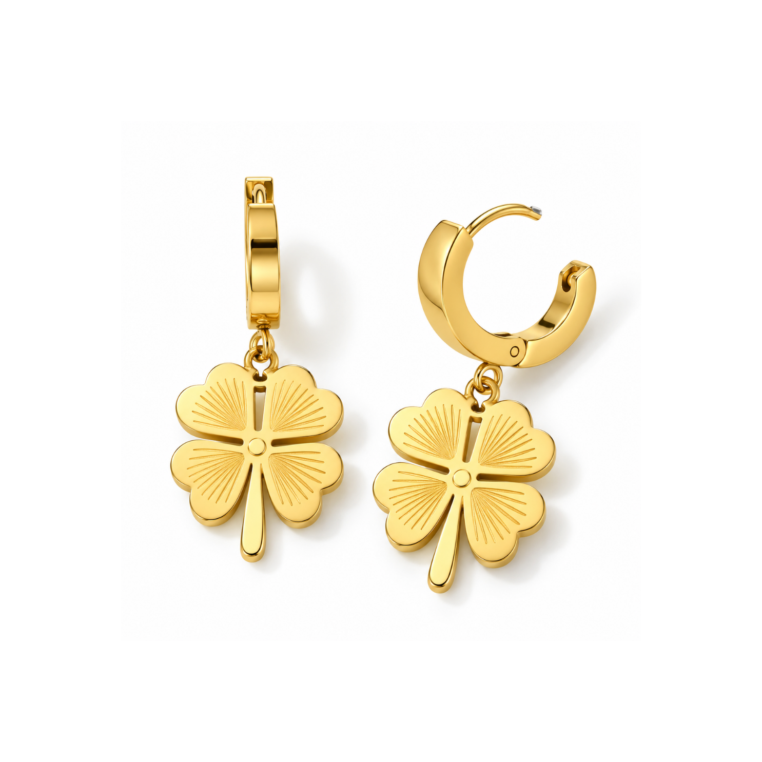 Water droplets beading across anti-tarnish 18K PVD gold clover drop earrings showing waterproof finish Water droplets beading across anti-tarnish 18K PVD gold clover drop earrings showing waterproof finish