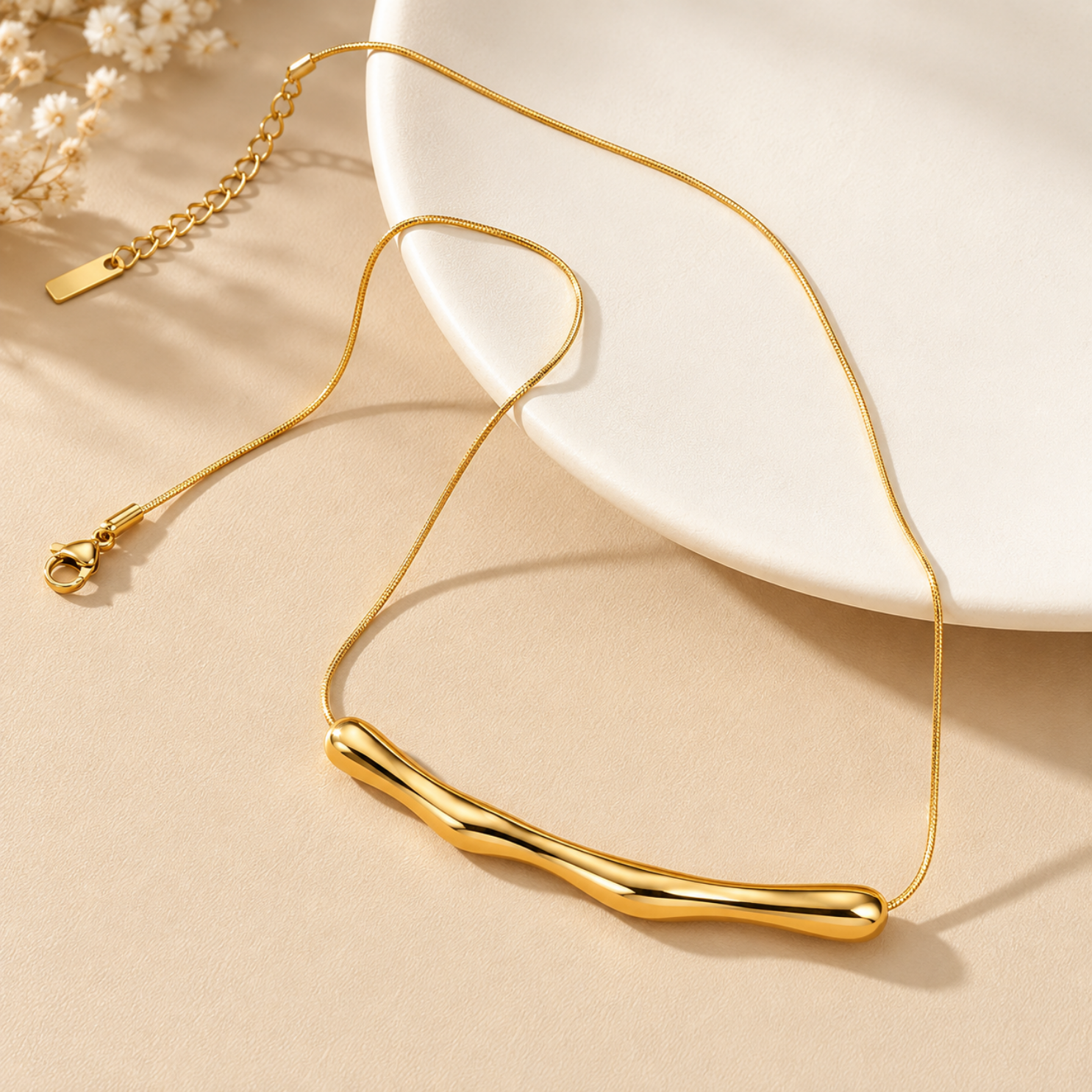 96 Water droplets bead on 316L stainless steel tarnish-free gold molten bar necklace