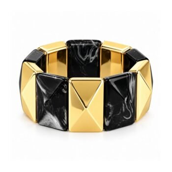 Yougorgeous 18K gold plated black marble resin geometric pyramid tile stretch bracelet