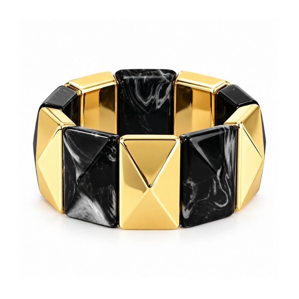 1 Yougorgeous 18K gold plated black marble resin geometric pyramid tile stretch bracelet