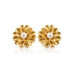 Yougorgeous 18K gold plated brushed dahlia blossom pearl center chunky stud earrings for women