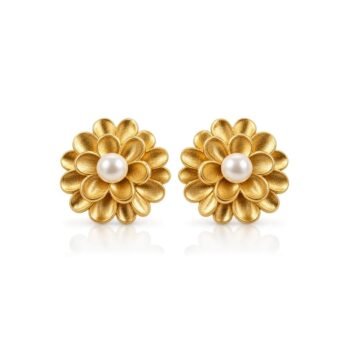 Yougorgeous 18K gold plated brushed dahlia blossom pearl center chunky stud earrings for women