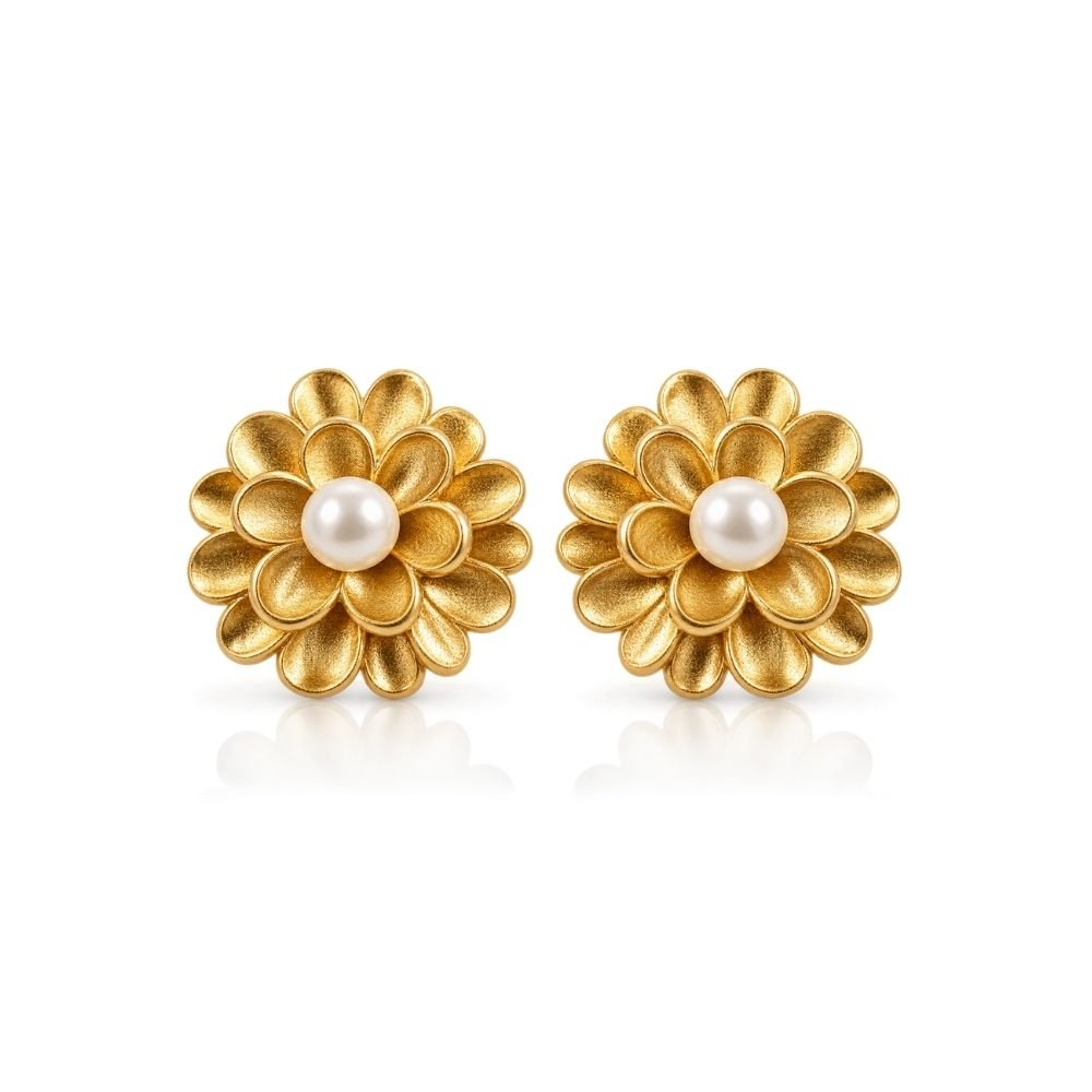109 Yougorgeous 18K gold plated brushed dahlia blossom pearl center chunky stud earrings for women