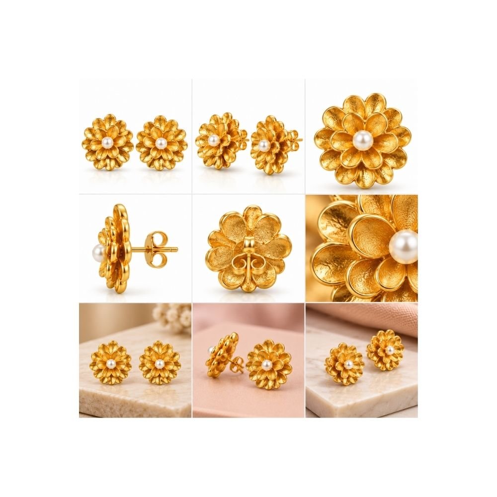112 Yougorgeous 18K gold plated brushed dahlia blossom pearl center chunky stud earrings for women