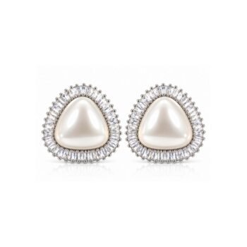 Yougorgeous silver platinum plated trillion pearl baguette CZ halo chunky stud earrings for women