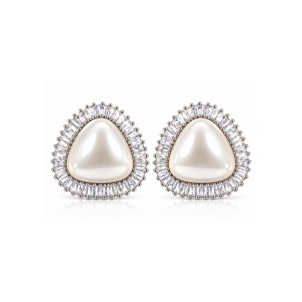 119 Yougorgeous silver platinum plated trillion pearl baguette CZ halo chunky stud earrings for women