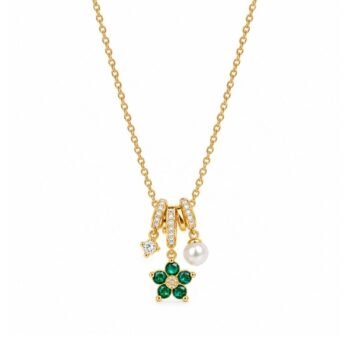 Yougorgeous 18K gold plated emerald flower, clear crystal, and pearl multi-charm pendant necklace