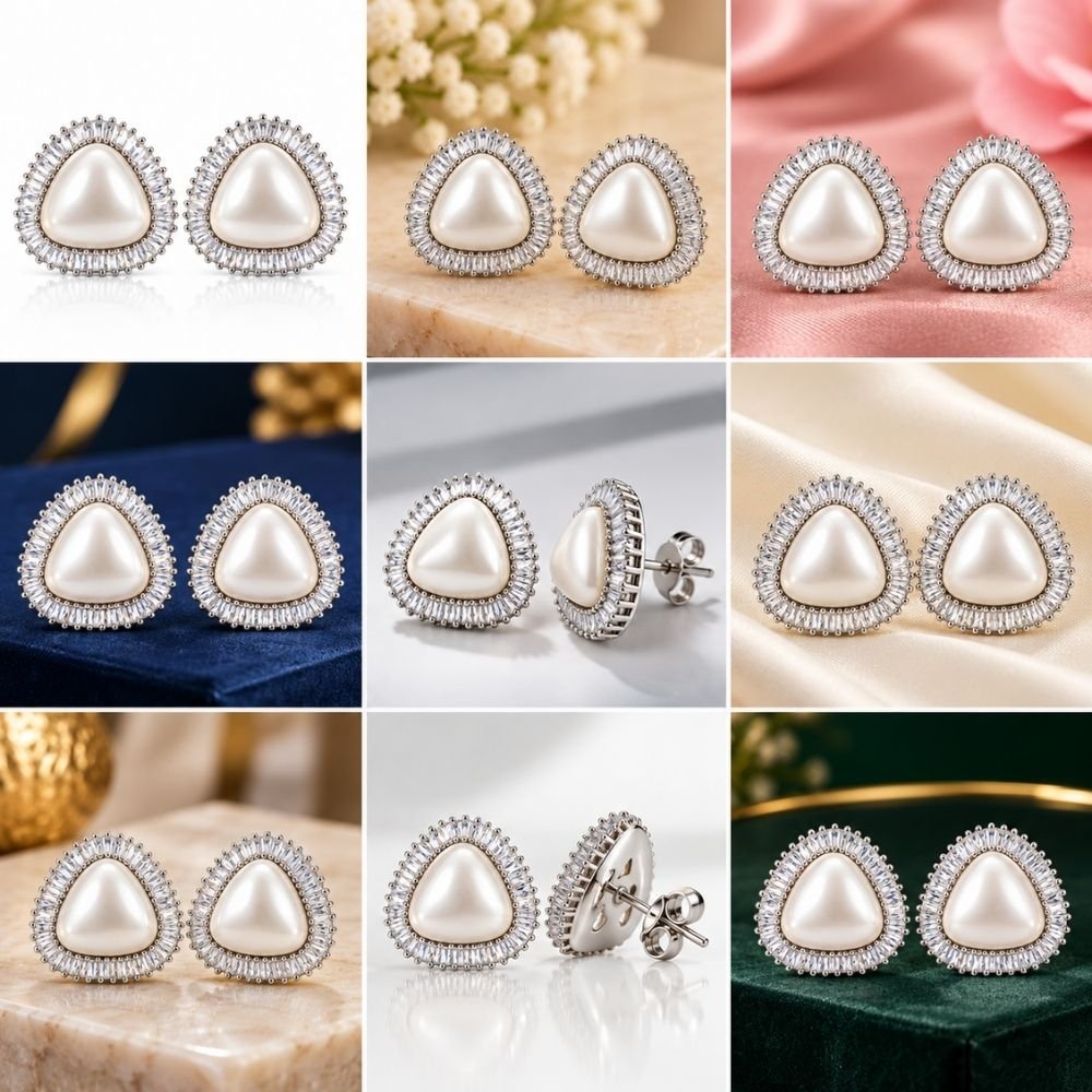 120 Yougorgeous silver platinum plated trillion pearl baguette CZ halo chunky stud earrings for women