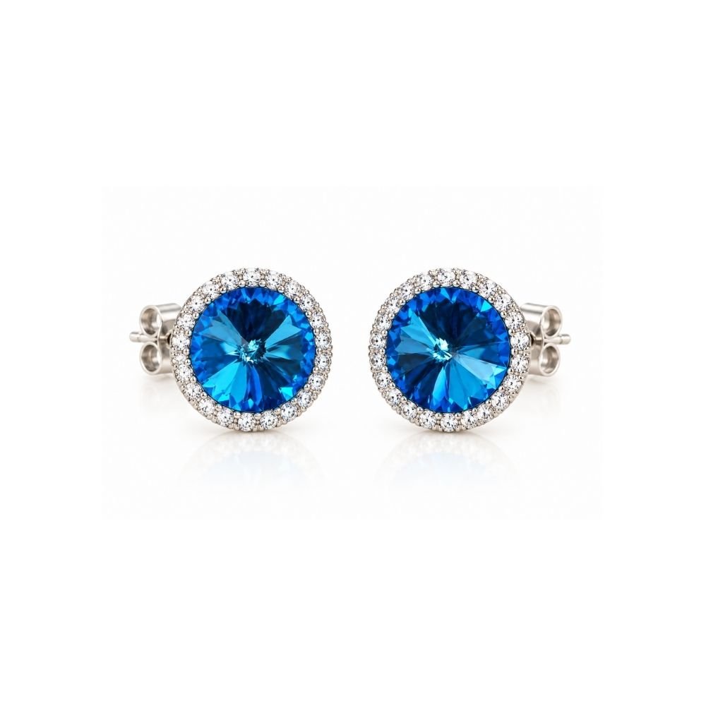 152 Yougorgeous silver platinum plated oceanic Capri blue rivoli crystal micro-pavé halo stud earrings for women